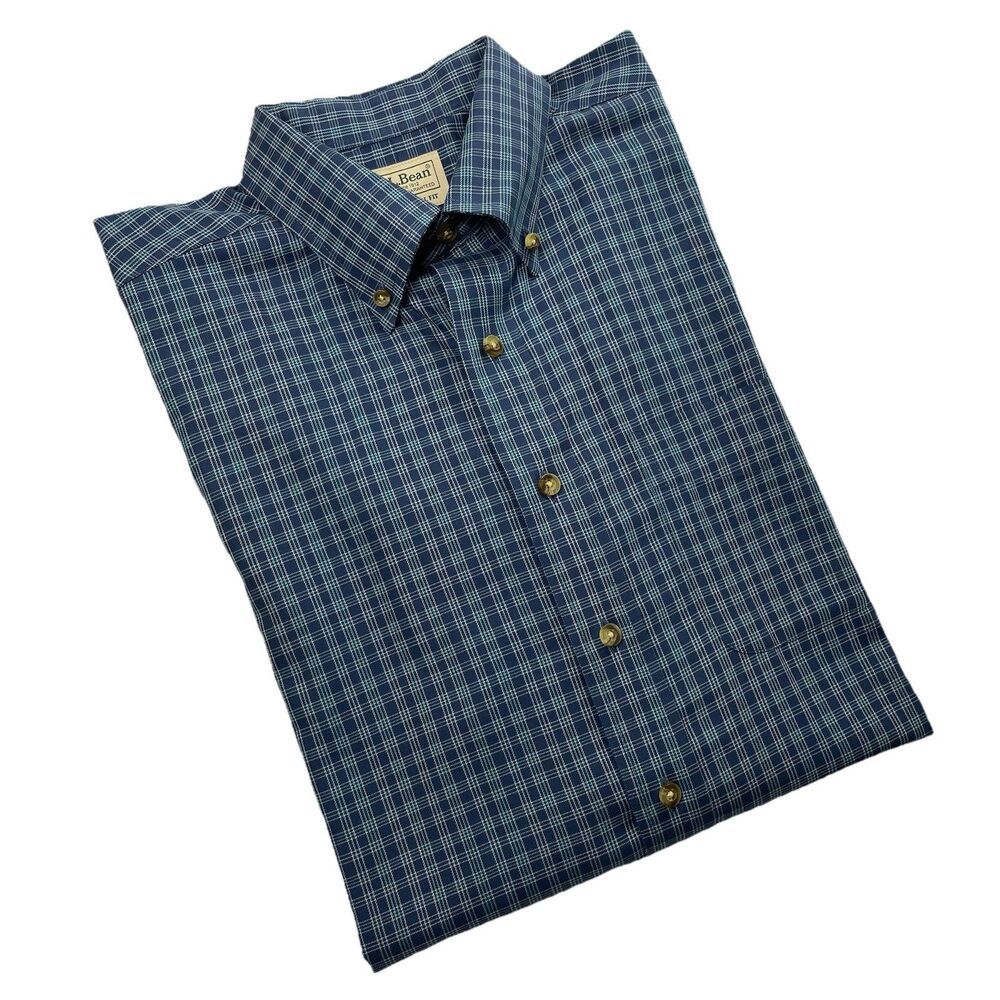 L.L Bean Mens Windowpane Button Up Long Sleeve Shirt Blue- M Tall